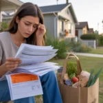 Young woman reviewing utility bills and city fees on front steps of Riverside home