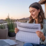 Woman smiling while reviewing budget spreadsheet on laptop, sitting on back patio of Chandler home at sunset