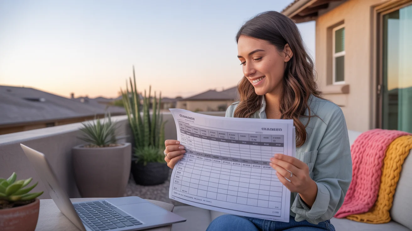 Woman smiling while reviewing budget spreadsheet on laptop, sitting on back patio of Chandler home at sunset