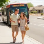 Two friends laughing and walking toward a parked Valley Metro bus on a sunny day in Peoria, Arizona.