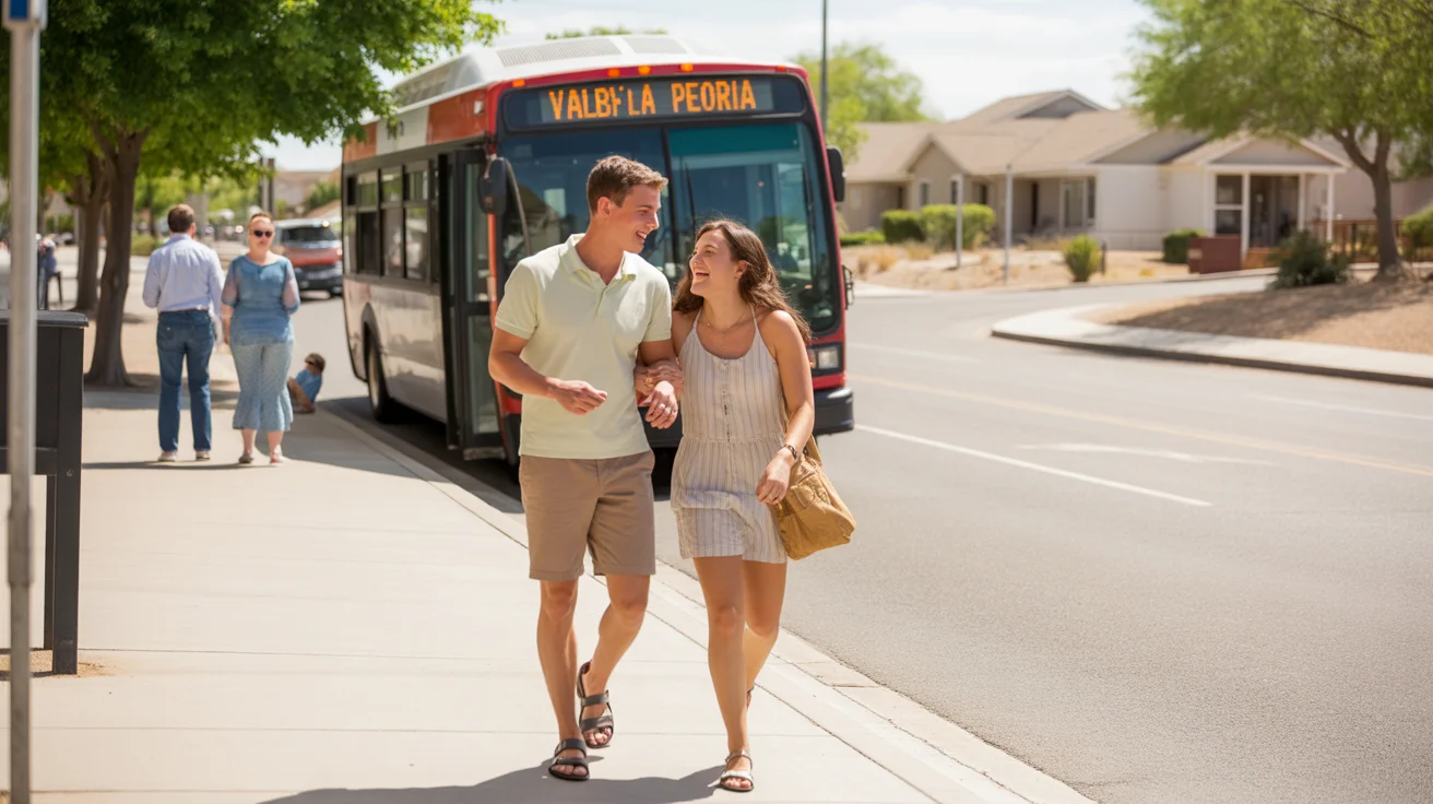 Two friends laughing and walking toward a parked Valley Metro bus on a sunny day in Peoria, Arizona.