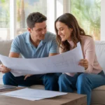 Couple looking at blueprints in living room of new Goodyear home