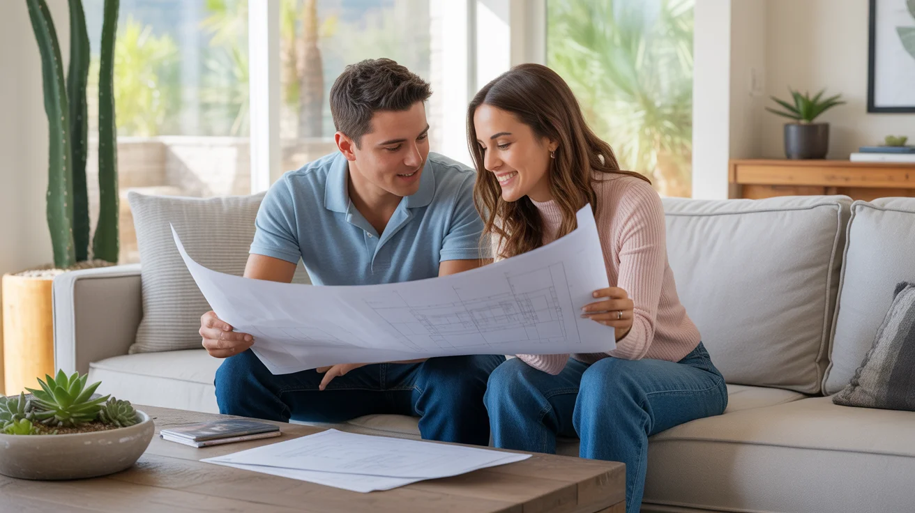 Couple looking at blueprints in living room of new Goodyear home