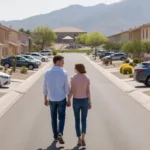 Couple walking in Queen Creek neighborhood with xeriscaped yards and mountain views