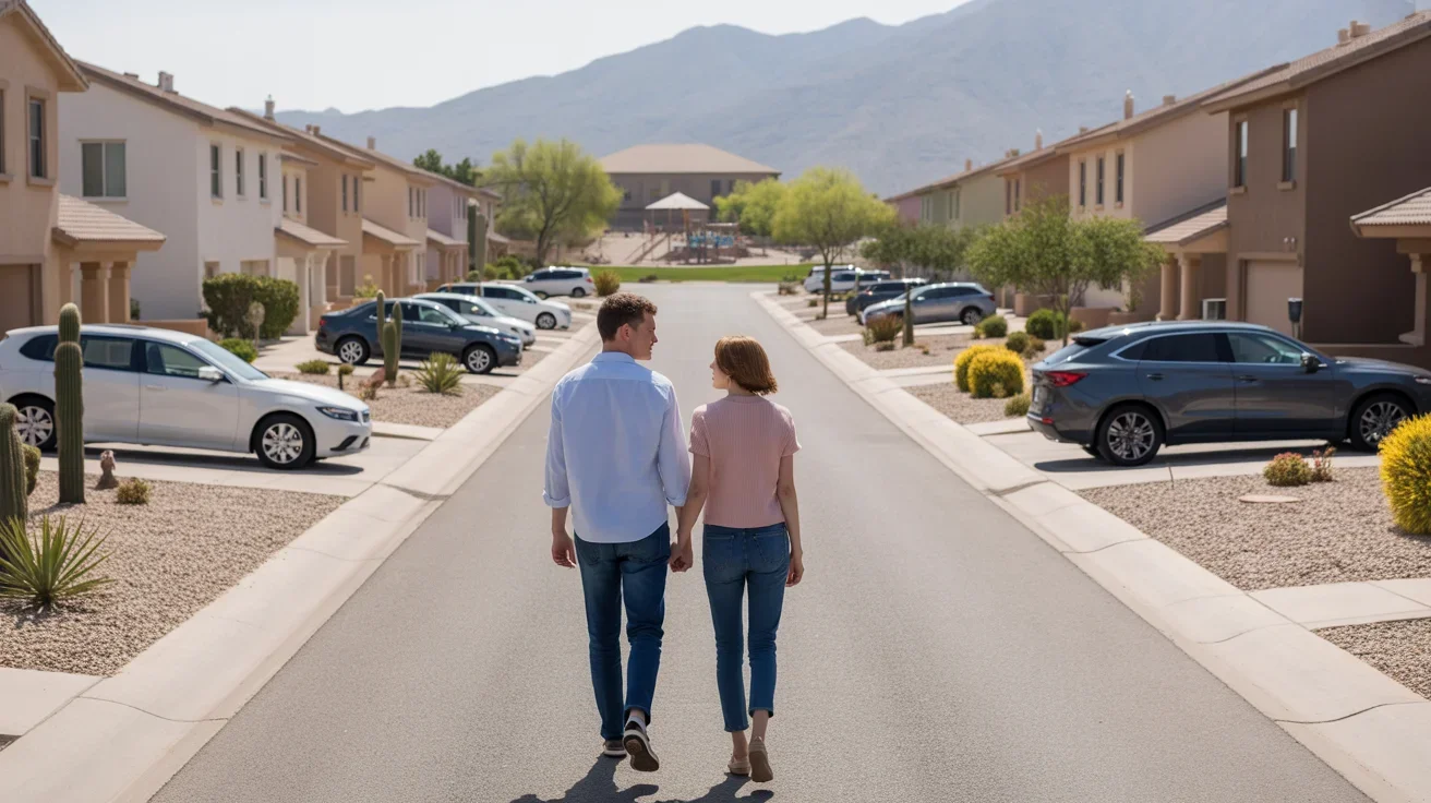 Couple walking in Queen Creek neighborhood with xeriscaped yards and mountain views