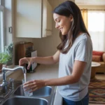 Woman filling glass of water from kitchen faucet in Glendale apartment