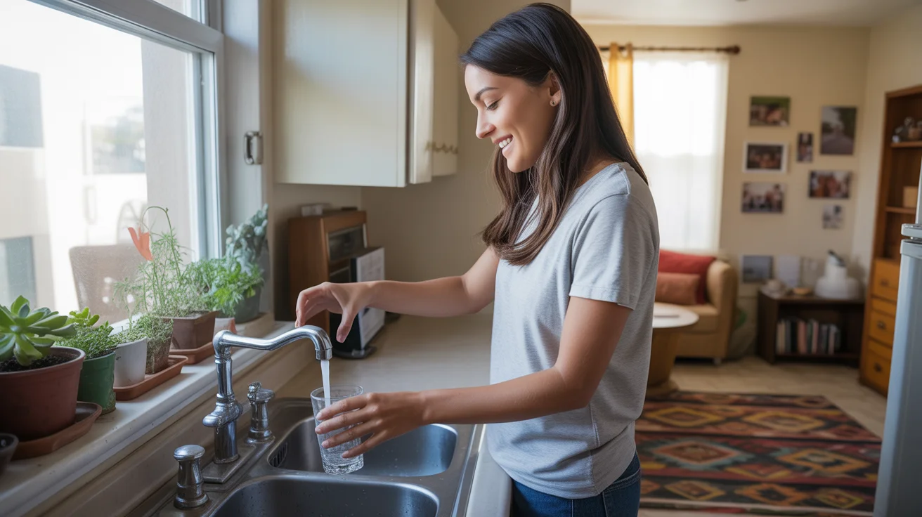 Woman filling glass of water from kitchen faucet in Glendale apartment