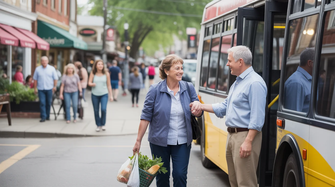 Woman exiting a bus with groceries in Avondale