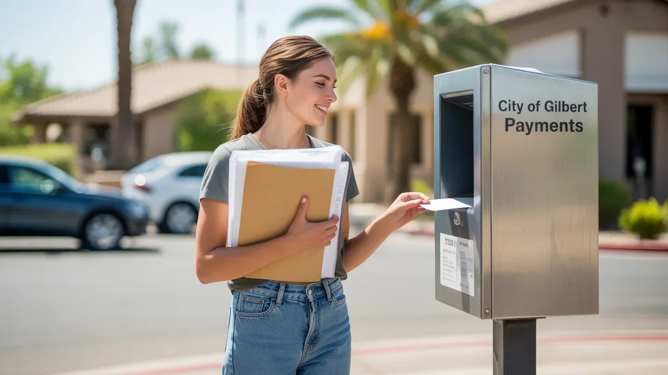 Woman depositing payment envelope at Gilbert municipal kiosk