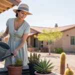 Woman watering potted cactus on patio of home in Mesa, Arizona