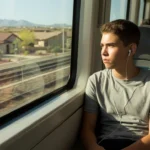 Teenage boy wearing earbuds sits alone on Mesa light rail train looking pensive as desert landscape passes by outside the window
