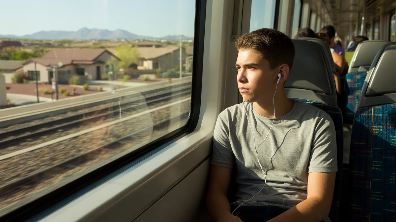 Teenage boy wearing earbuds sits alone on Mesa light rail train looking pensive as desert landscape passes by outside the window