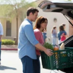Couple unloading groceries from car in Chandler, AZ