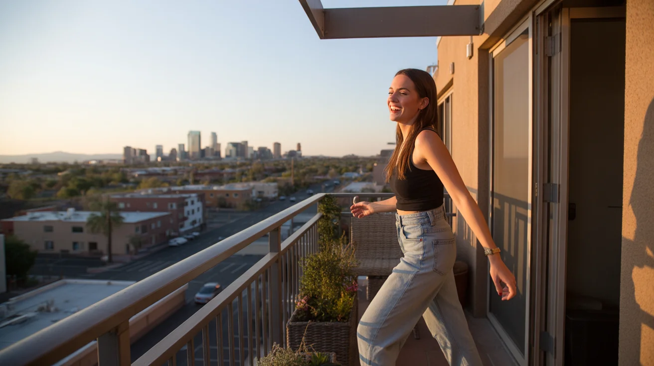 Woman on apartment balcony overlooking Phoenix skyline