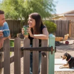 Two neighbors chat over morning coffee across a backyard fence in a peaceful Queen Creek neighborhood.