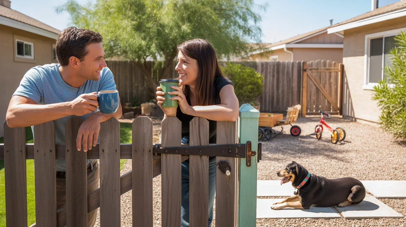 Two neighbors chat over morning coffee across a backyard fence in a peaceful Queen Creek neighborhood.