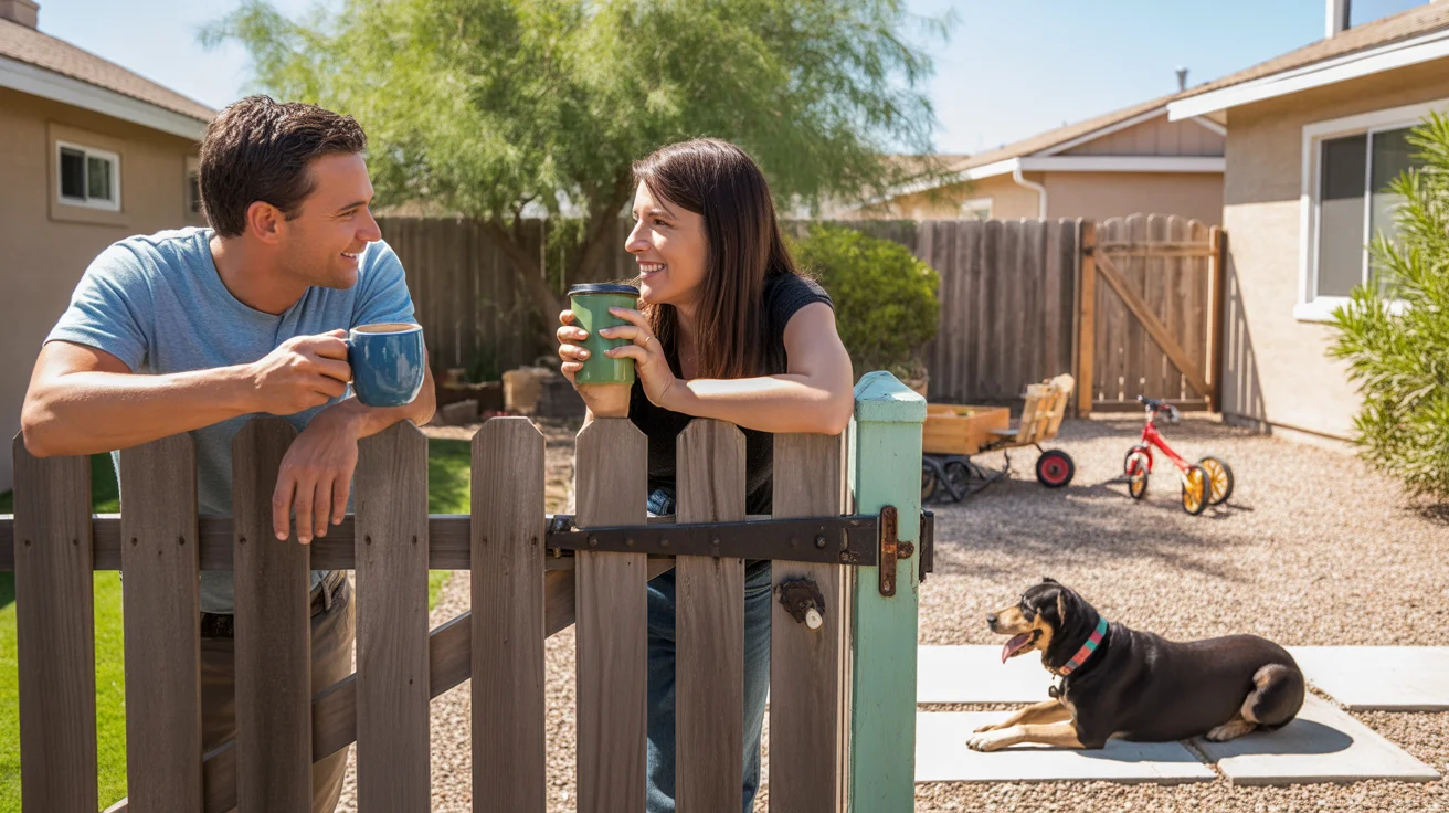 Two neighbors chat over morning coffee across a backyard fence in a peaceful Queen Creek neighborhood.