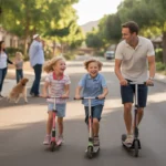 A father and his two young children ride scooters together down a cul-de-sac in Glendale, Arizona