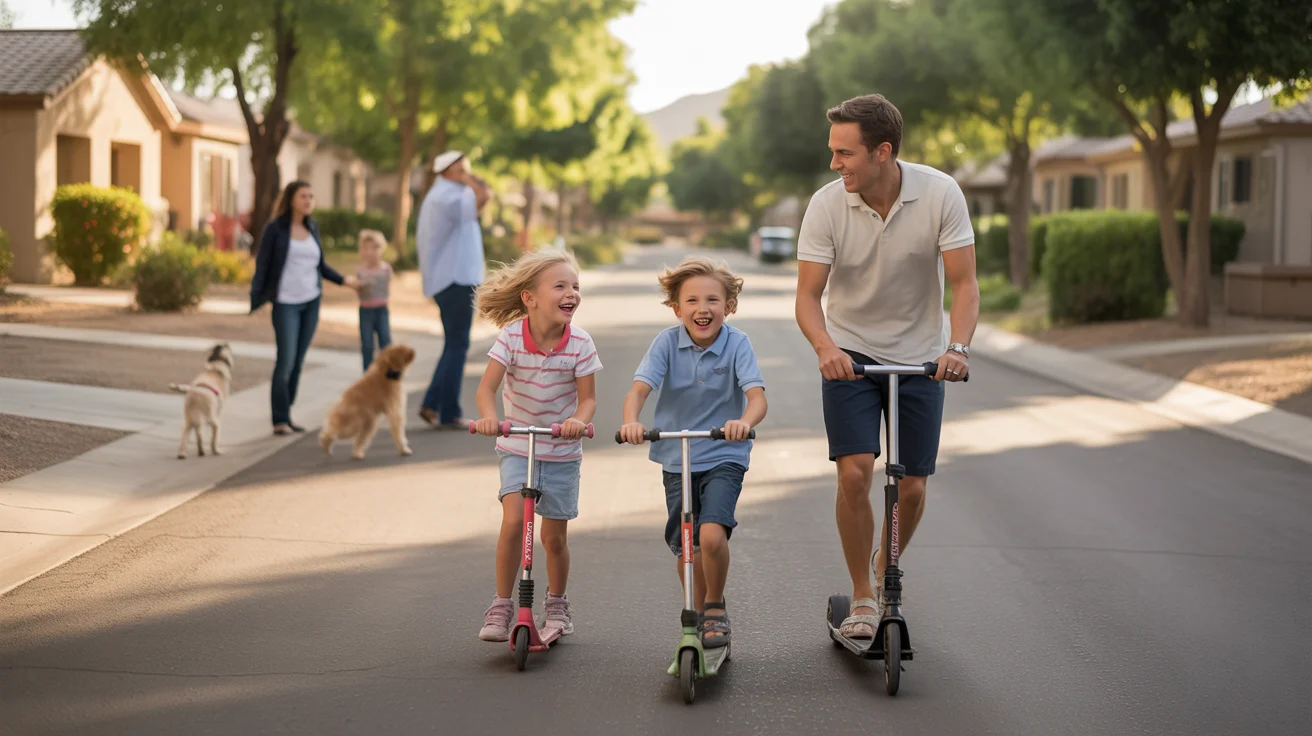 A father and his two young children ride scooters together down a cul-de-sac in Glendale, Arizona