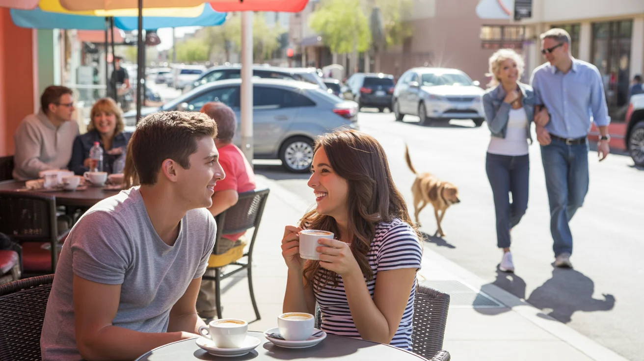Roommates chatting over coffee at a local café on a weekend morning in Laveen, Arizona