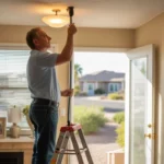 A man changes a light bulb in the living room of his Maricopa home