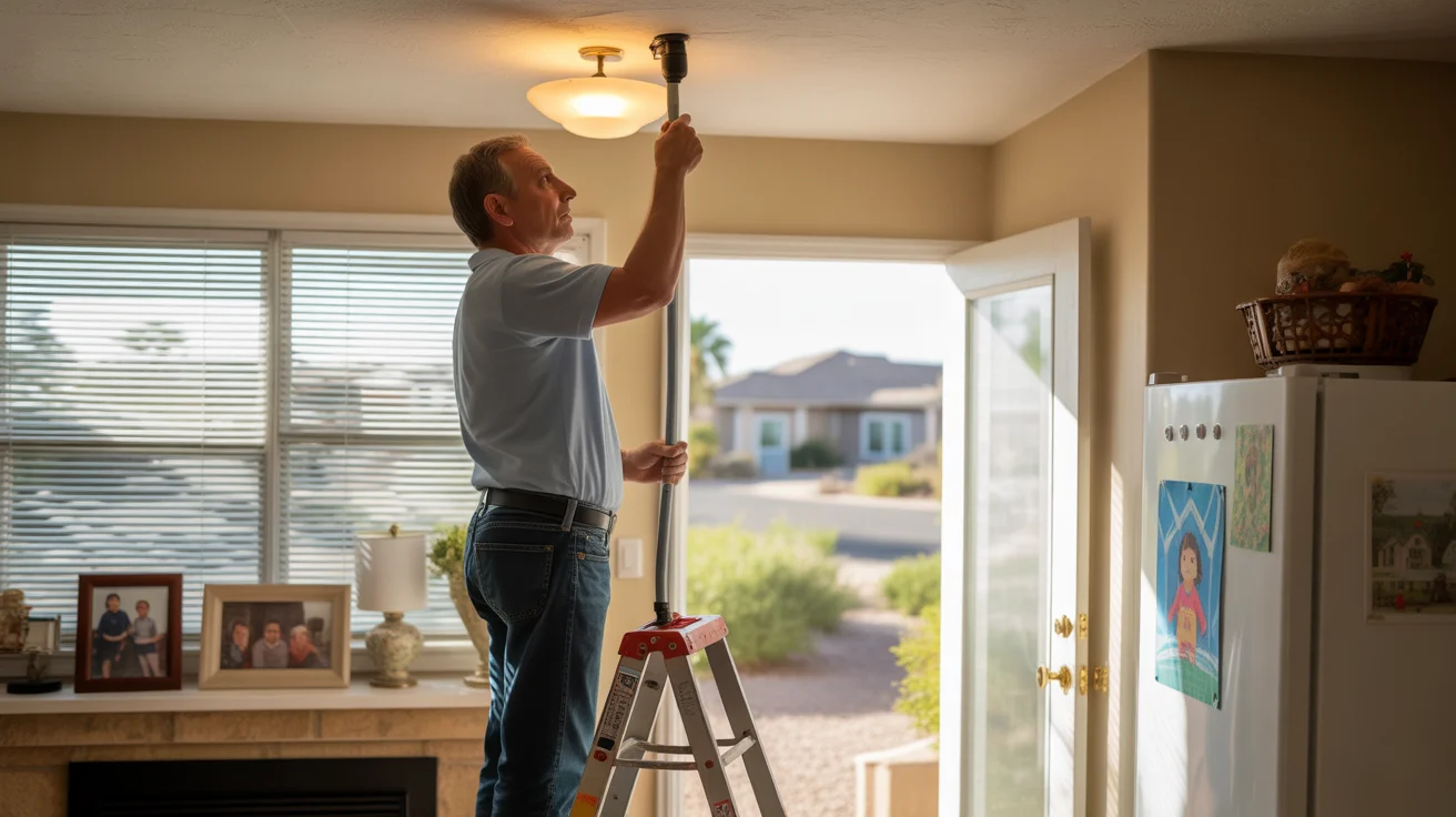 A man changes a light bulb in the living room of his Maricopa home