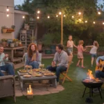 Friends and family gather for a backyard potluck in a cozy Peoria garden with string lights and mismatched furniture.