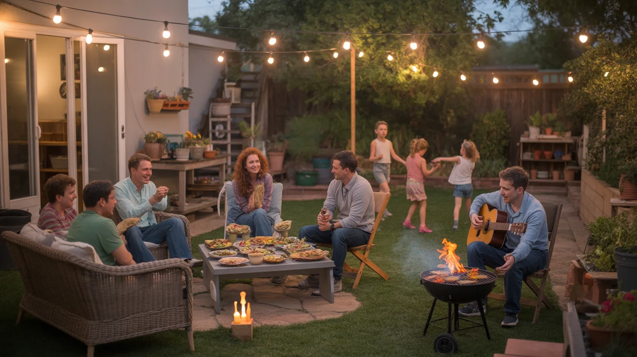 Friends and family gather for a backyard potluck in a cozy Peoria garden with string lights and mismatched furniture.