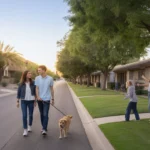Couple walking dog past apartment complex and single family homes in Tempe, Arizona neighborhood at sunset