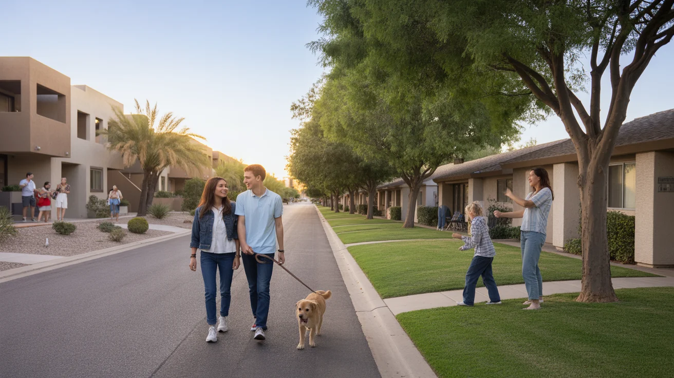 Couple walking dog past apartment complex and single family homes in Tempe, Arizona neighborhood at sunset