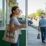 Woman with reusable bag entering dollar store in Apache Junction, Arizona strip mall at sunset