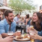 Friends enjoying drinks and appetizers on a brewery patio in Old Town Scottsdale