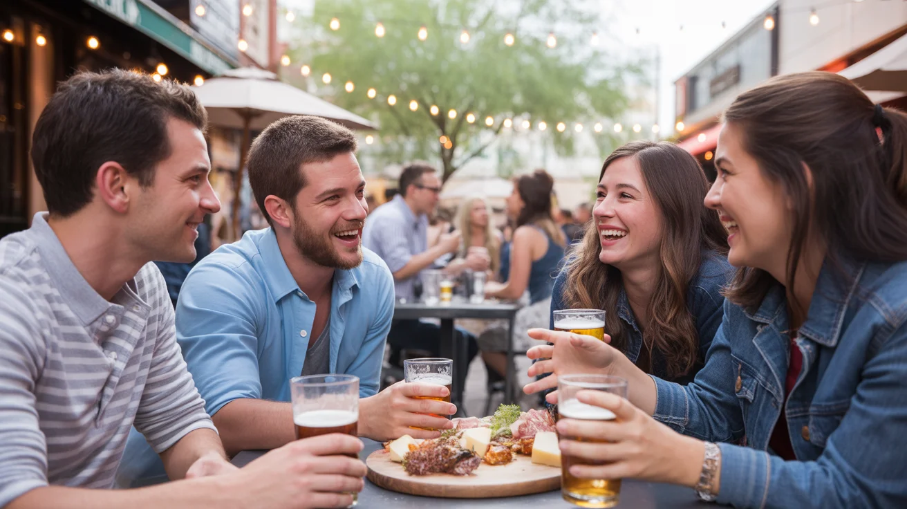 Friends enjoying drinks and appetizers on a brewery patio in Old Town Scottsdale