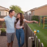 Neighbors chatting over fence between duplex and house yards in Laveen, Arizona