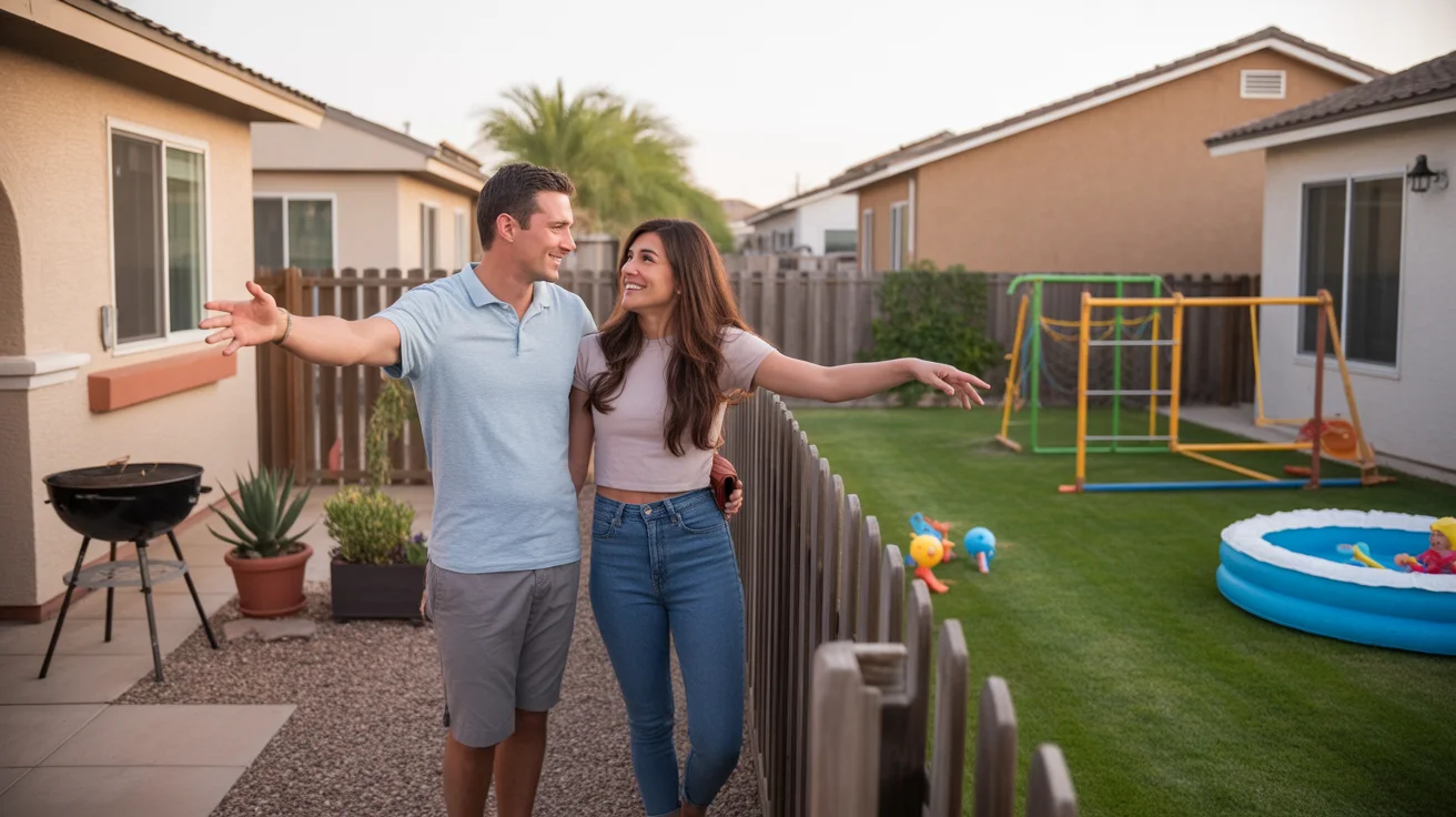 Neighbors chatting over fence between duplex and house yards in Laveen, Arizona