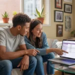 Young couple reviewing monthly budget in Phoenix apartment