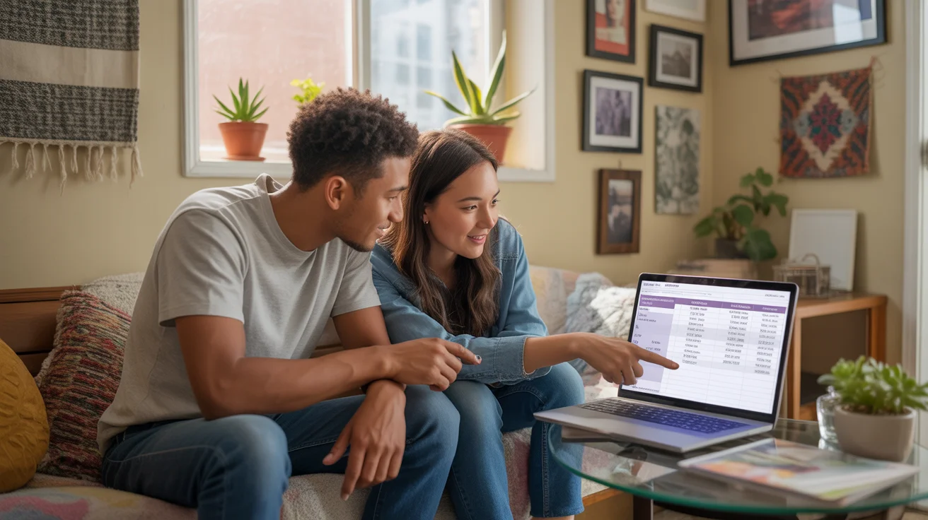 Young couple reviewing monthly budget in Phoenix apartment