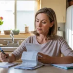 Woman reviewing utility bills and receipts at kitchen table in Chandler home