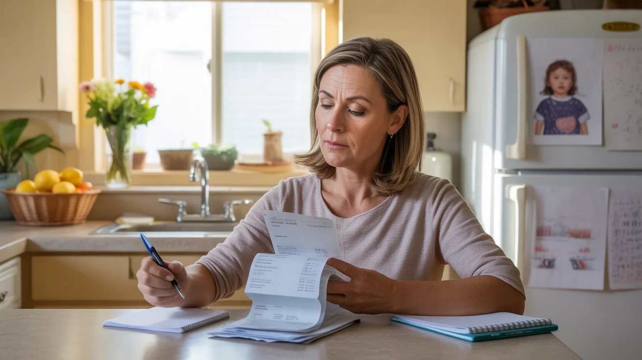 Woman reviewing utility bills and receipts at kitchen table in Chandler home