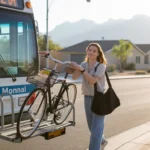Young woman loading bicycle onto bus rack in Avondale, Arizona suburb at sunrise