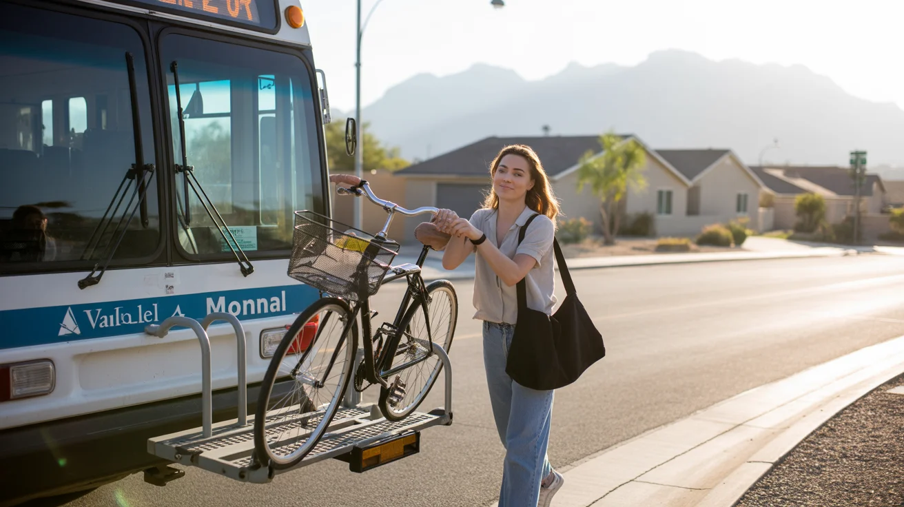 Young woman loading bicycle onto bus rack in Avondale, Arizona suburb at sunrise