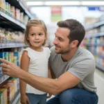 Father grocery shopping with young daughter in Scottsdale, Arizona