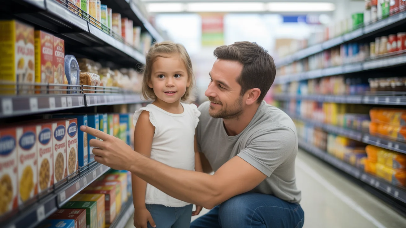 Father grocery shopping with young daughter in Scottsdale, Arizona