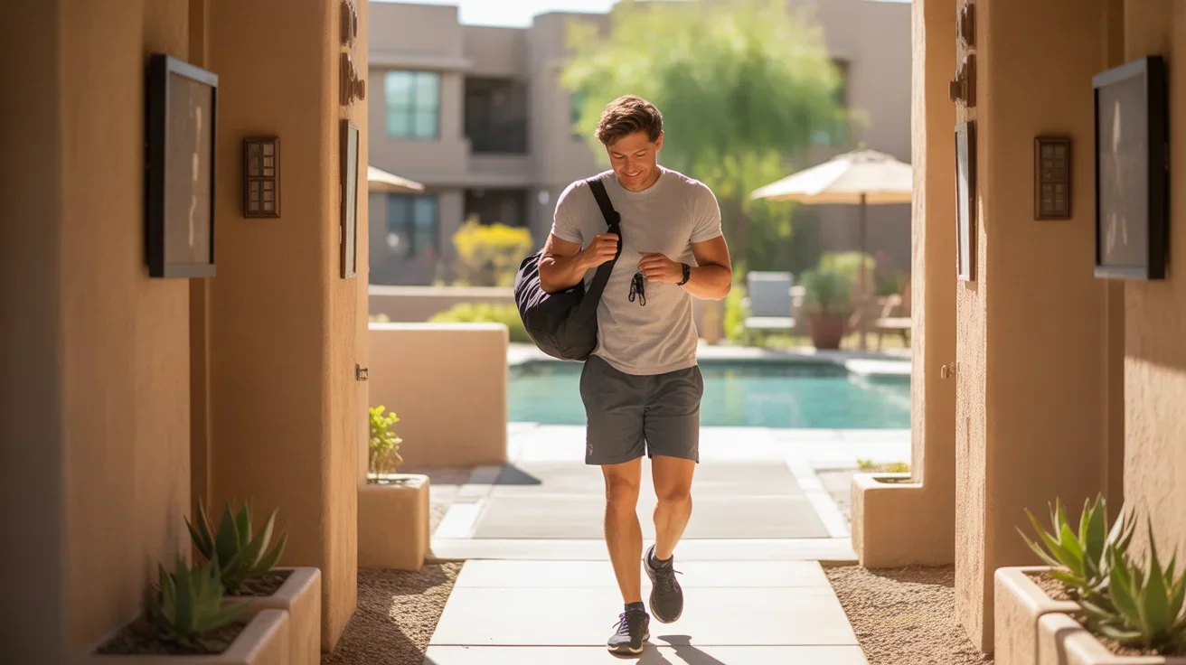 Man returning home with gym bag to apartment entryway in Gilbert, AZ