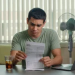 Man reviewing high summer electric bill at kitchen table in Maricopa apartment
