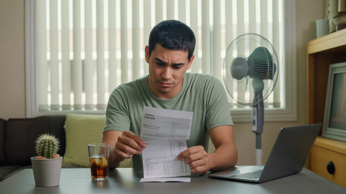 Man reviewing high summer electric bill at kitchen table in Maricopa apartment