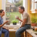 Two neighbors chat over coffee in a cozy Glendale kitchen