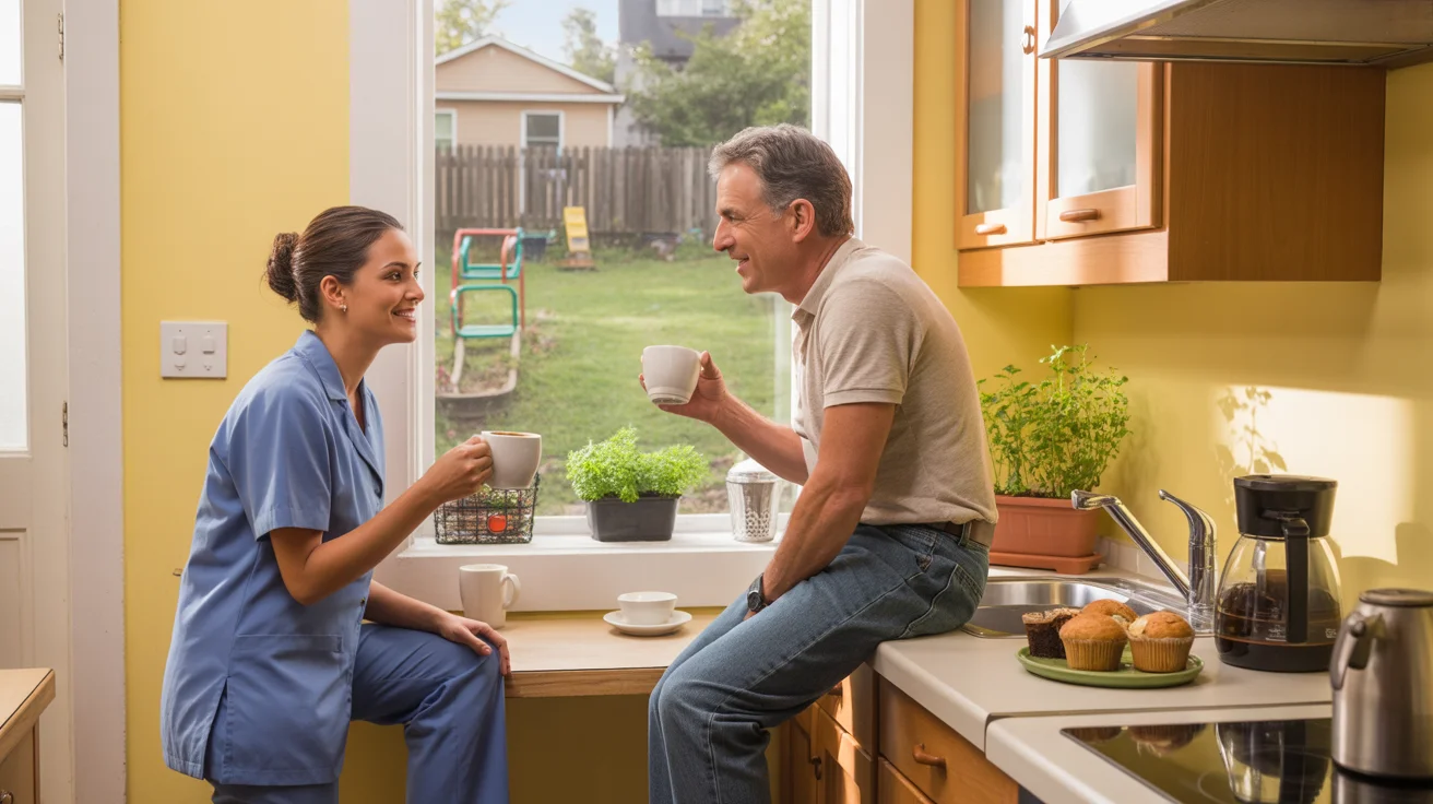 Two neighbors chat over coffee in a cozy Glendale kitchen