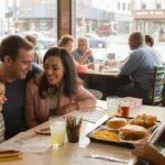 A family of four enjoys a meal together at a casual diner in Durham, North Carolina