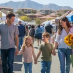 A family shops together at a farmers market in Henderson, NV on a sunny morning.
